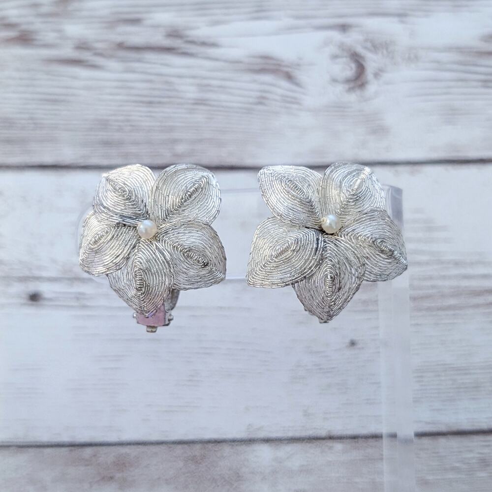 Vintage Clip On Earrings Large Silver Tone Flower - Tarnished/Loose Clip